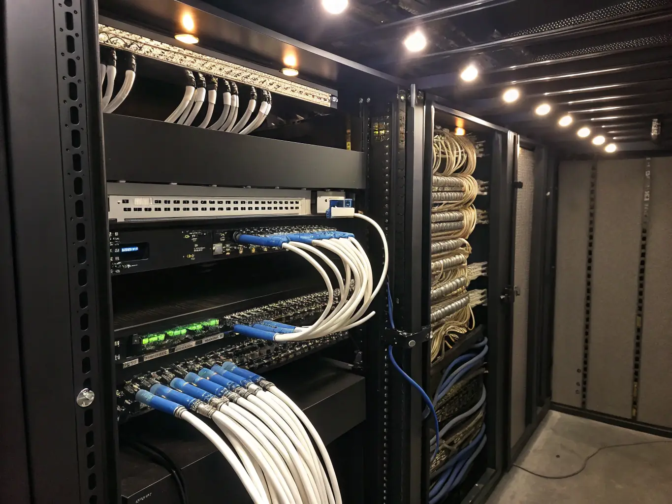 A clean and organized server room with clearly labeled Cat6 cables neatly routed and connected to patch panels, showcasing the design-first approach of Cabling Atlanta.