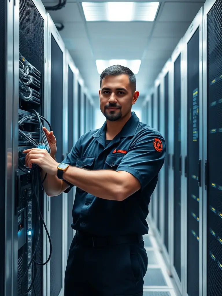 A close-up shot of a technician's hands meticulously terminating a Cat6 cable into a patch panel in a well-organized server room, emphasizing precision and expertise.