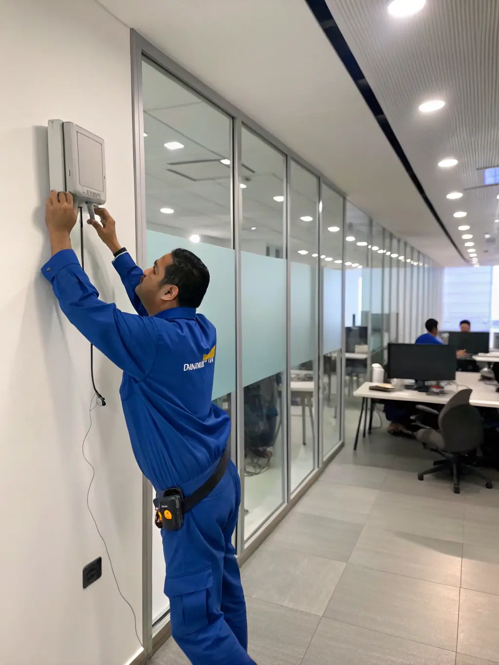 A network technician installing a wireless access point in an office, demonstrating the seamless integration of wireless technology into the existing network.
