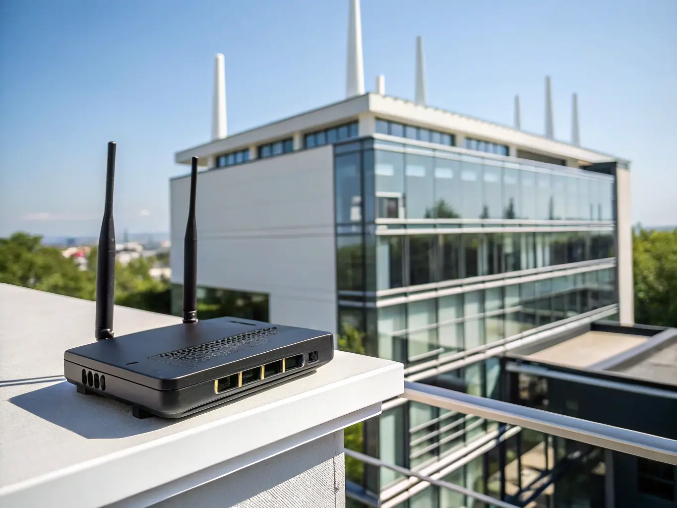 A commercial building exterior with strategically placed WiFi access points, demonstrating the cabling infrastructure for wireless network coverage.