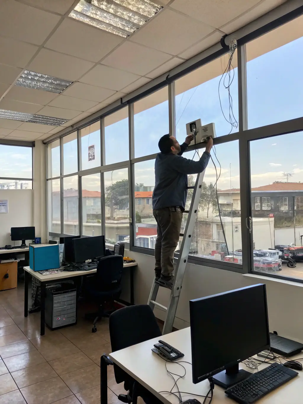 A professional IT technician installing a wireless access point on an office ceiling, showcasing the precision and expertise involved in a business WiFi installation.
