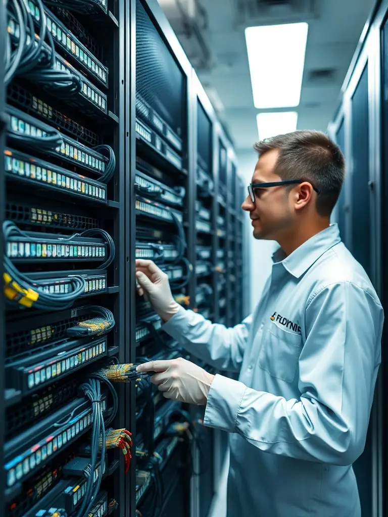 An image of a technician installing Cat6 cables in a server room, with neatly organized cable runs and proper labeling, used to demonstrate Cabling Atlanta's expertise in Cat6 cabling.