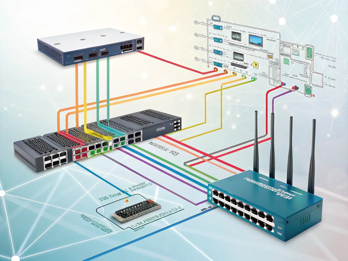 A graphic illustrating a transparent pricing structure with no hidden fees, overlaid on an image of various network cables and connectors.