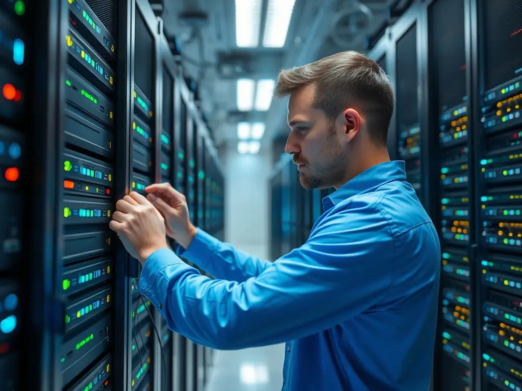An image of a technician installing network cables in a server room, with a digital overlay showing a checkmark and the word 'Approved' to symbolize fast approval.