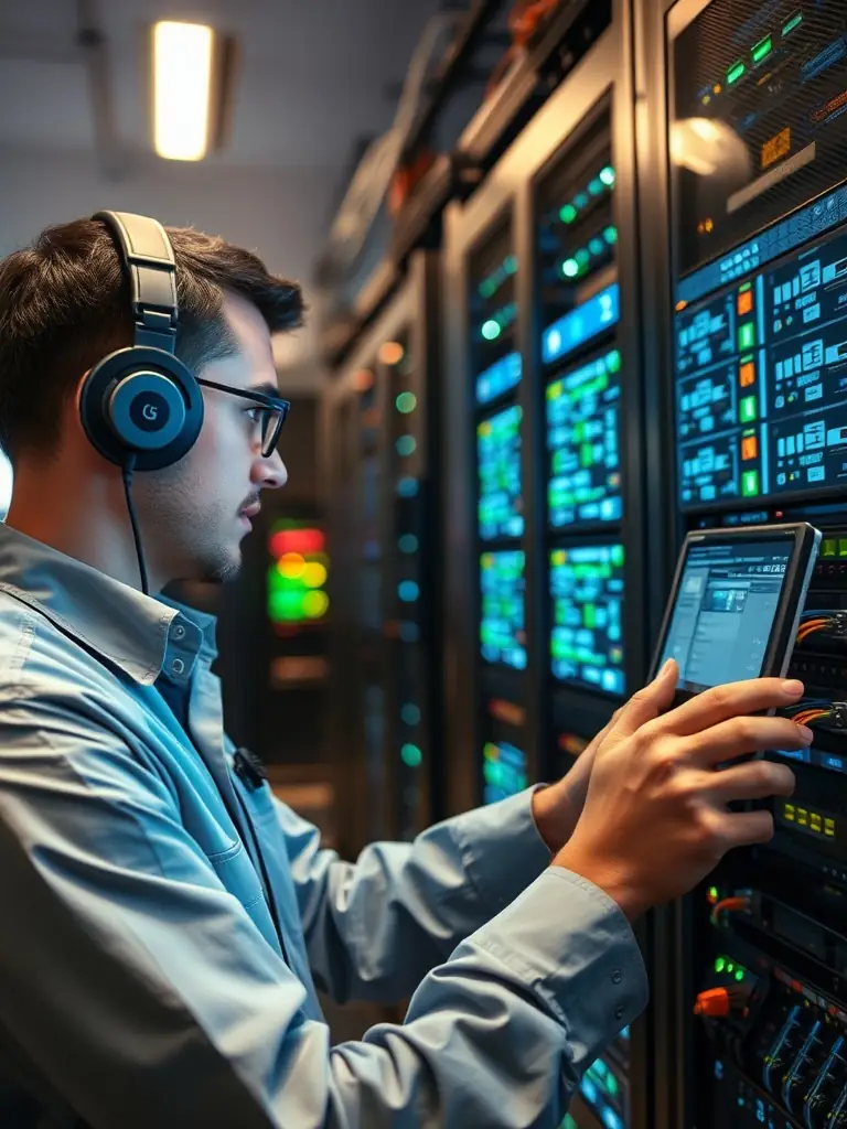 A technician using a network analyzer to test and optimize WiFi signal strength, demonstrating the importance of professional network testing and certification.
