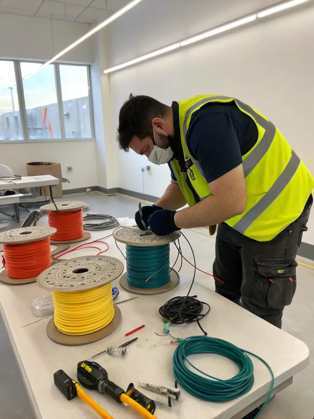 A server room with a technician installing fiber optic cables, highlighting the precision and expertise involved in fiber optic cabling and splicing.