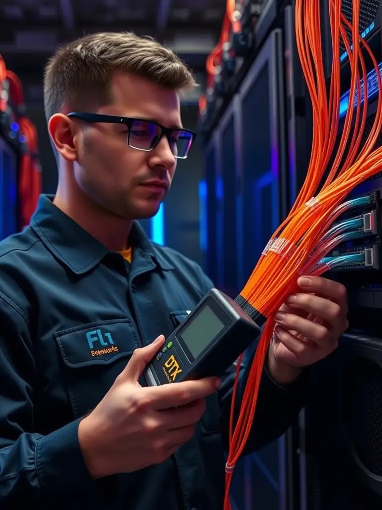 An image of a network technician testing Cat6 cables with a professional cable tester, ensuring optimal performance and compliance with industry standards.