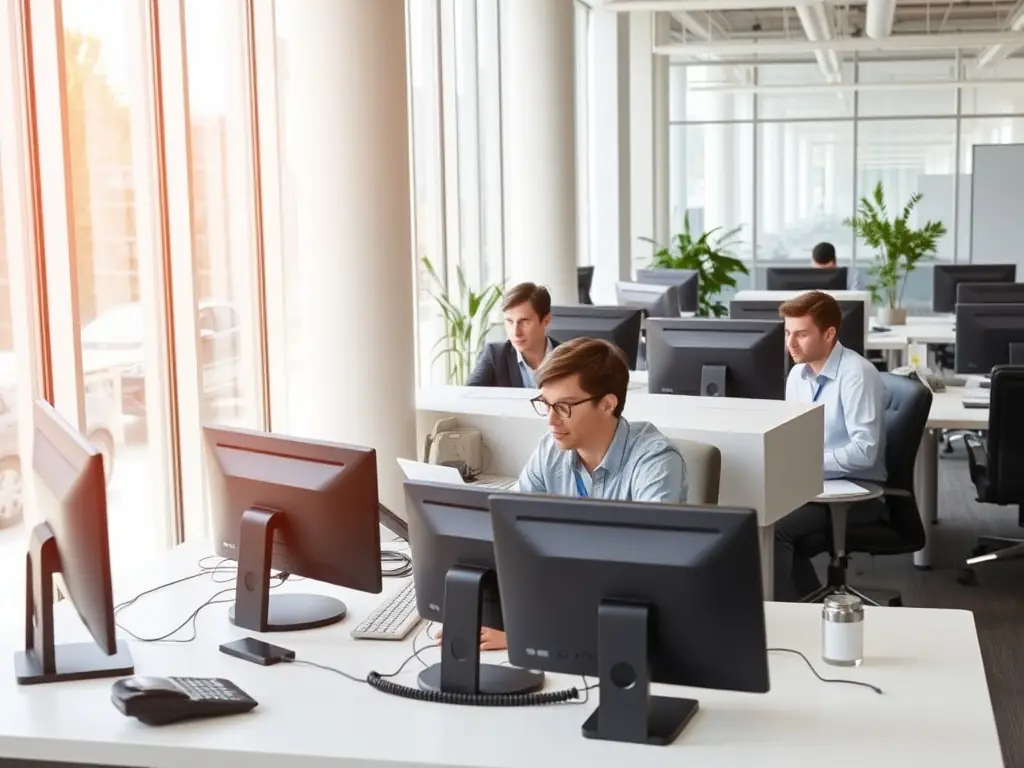 A modern office space with VoIP phones and network devices, highlighting the integration of VoIP systems through structured cabling.