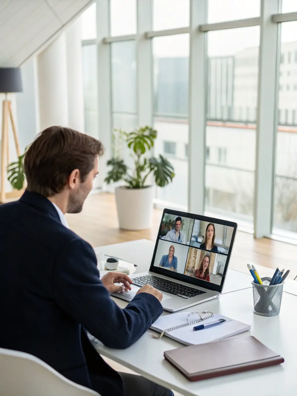 A project manager overseeing cabling installations at multiple locations via video conference, illustrating Cabling Atlanta's multi-site capabilities.
