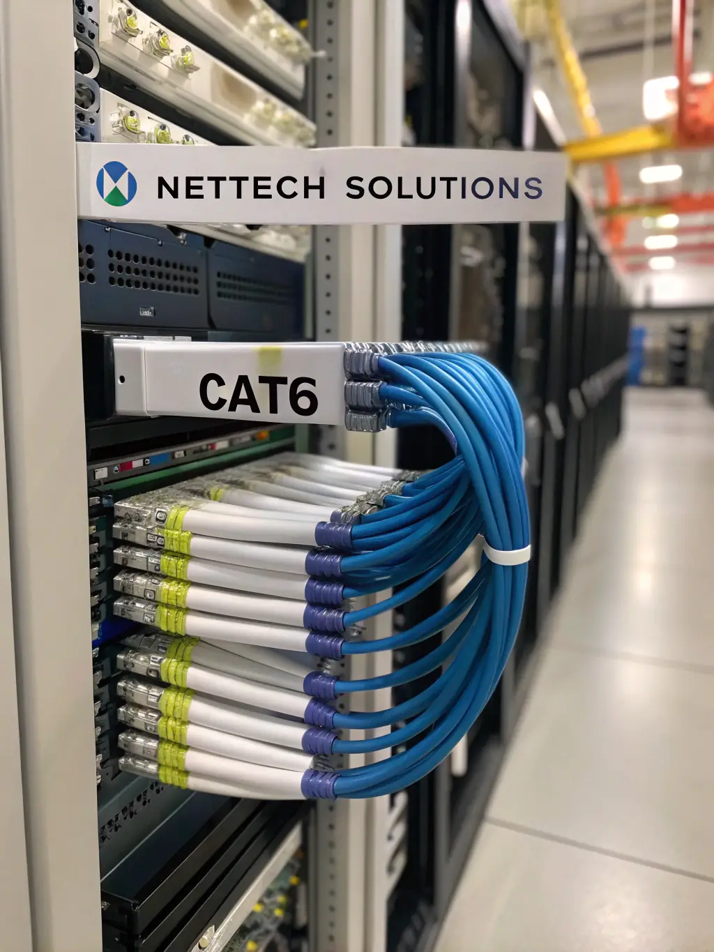 A neatly organized server room with color-coded Cat6 cables connected to patch panels, showcasing structured cabling in a modern office environment.