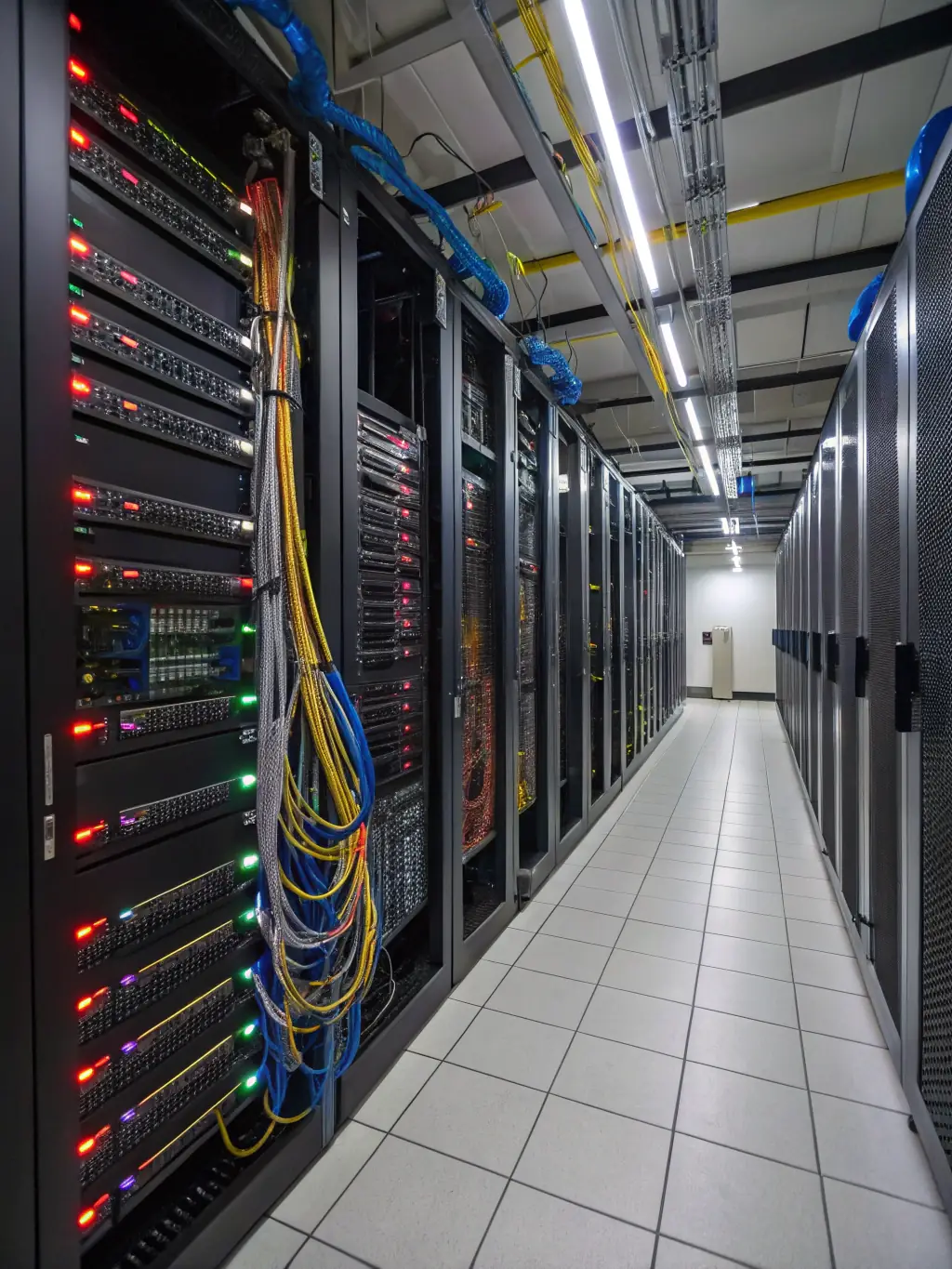 A wide shot of a clean and organized data center buildout completed by Cabling Atlanta, showcasing structured cabling and fiber optic management.