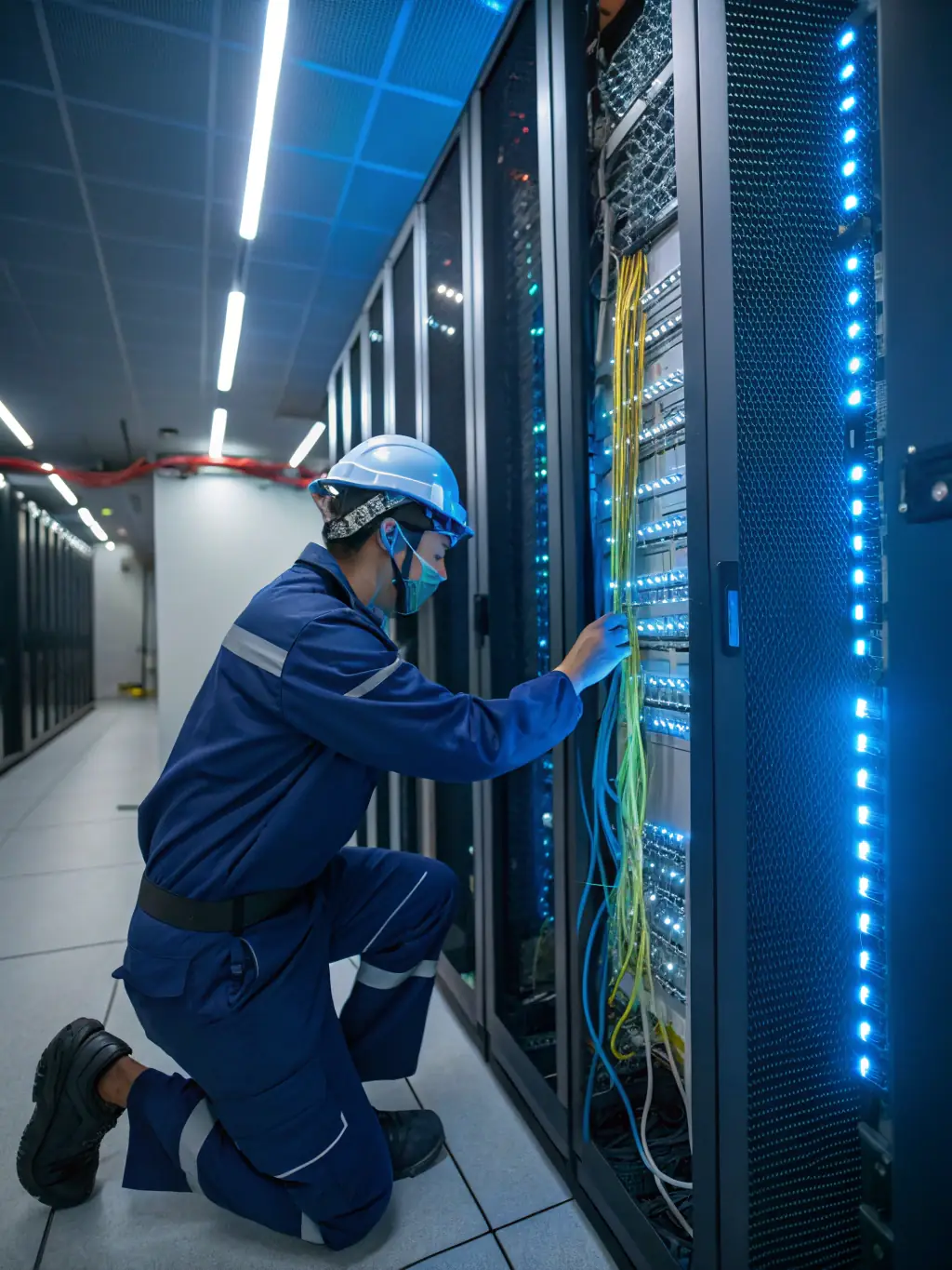An image depicting a technician troubleshooting a tangled mess of cables, illustrating the potential chaos and downtime caused by poor cabling practices.