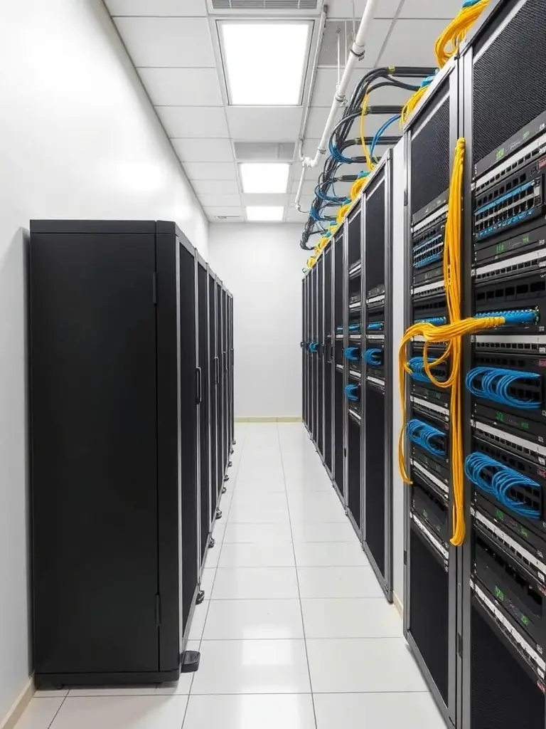 A neat and organized server room with clearly labeled Cat6 cables connected to patch panels and network switches, showcasing structured cabling.