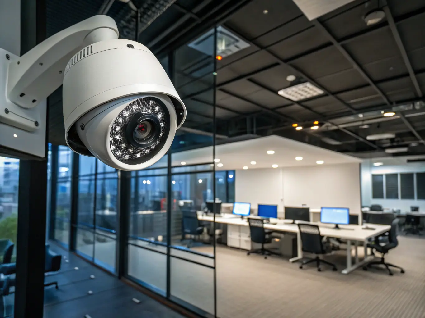 A wall-mounted CCTV security camera overlooking a modern office lobby, with a secure access control keypad on the door, representing integrated security and access solutions for commercial properties.