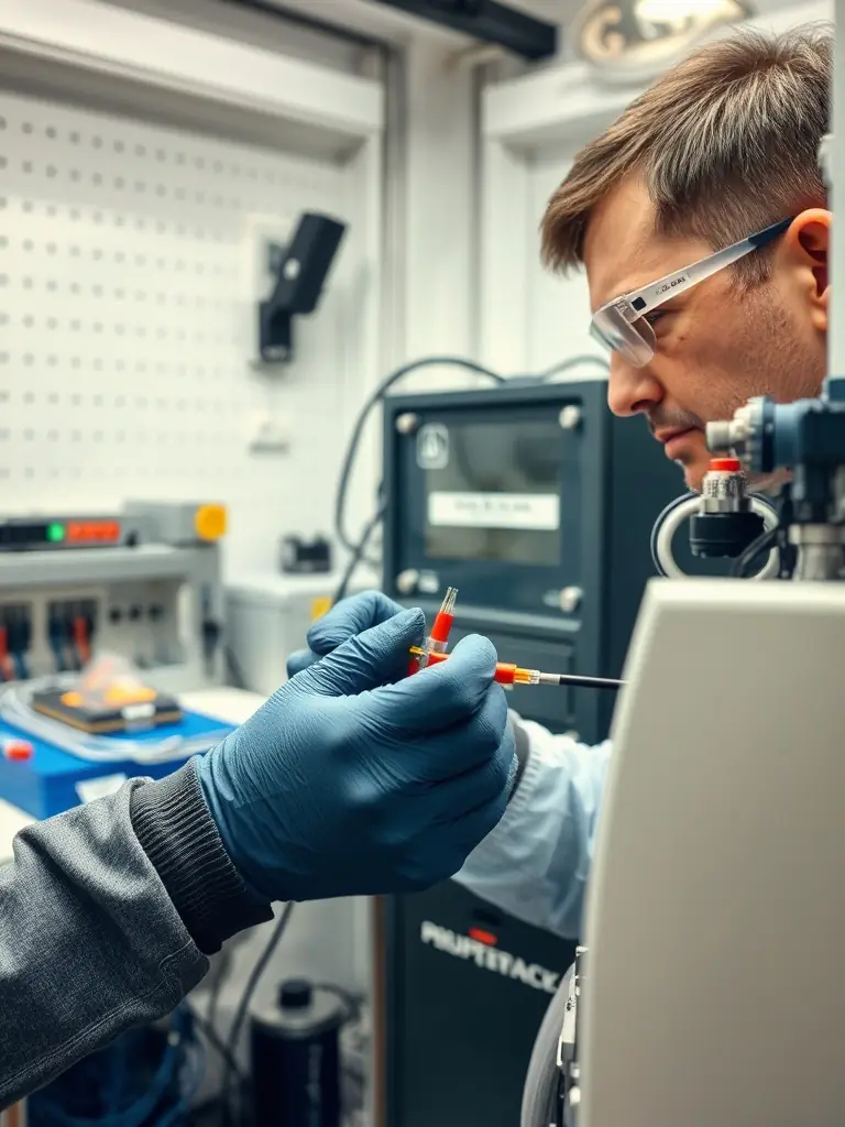 A technician splicing fiber optic cables with precision, using specialized tools in a well-lit environment.