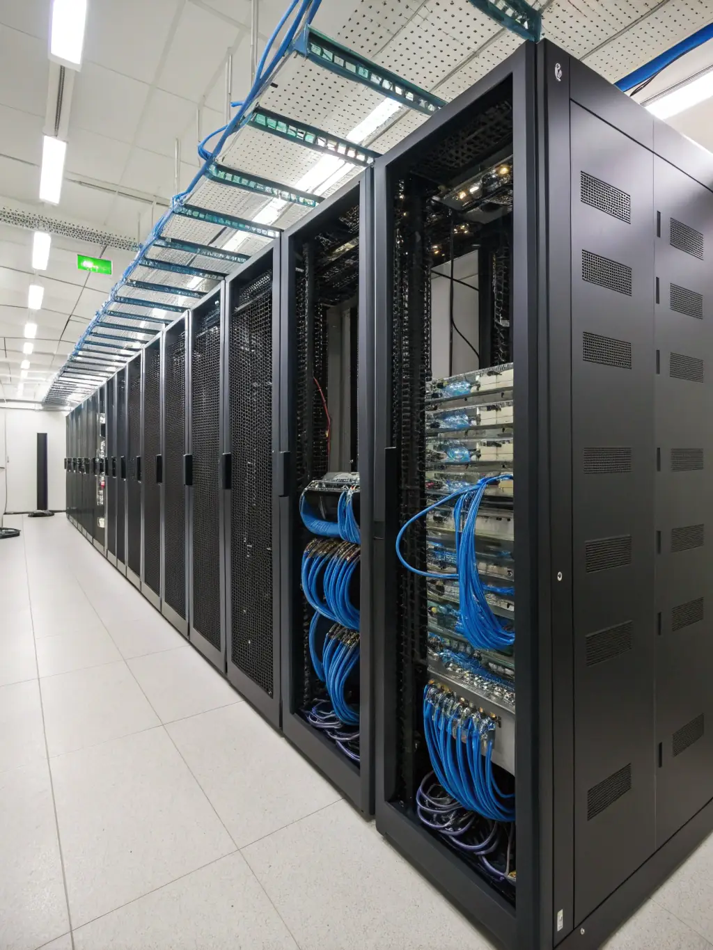 A well-organized data center buildout with server racks, cable management, and cooling systems, demonstrating infrastructure solutions.