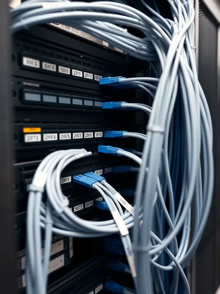 A close-up shot of neatly installed rack and patch panels with color-coded cables, demonstrating the attention to detail and quality of Cabling Atlanta's installations.