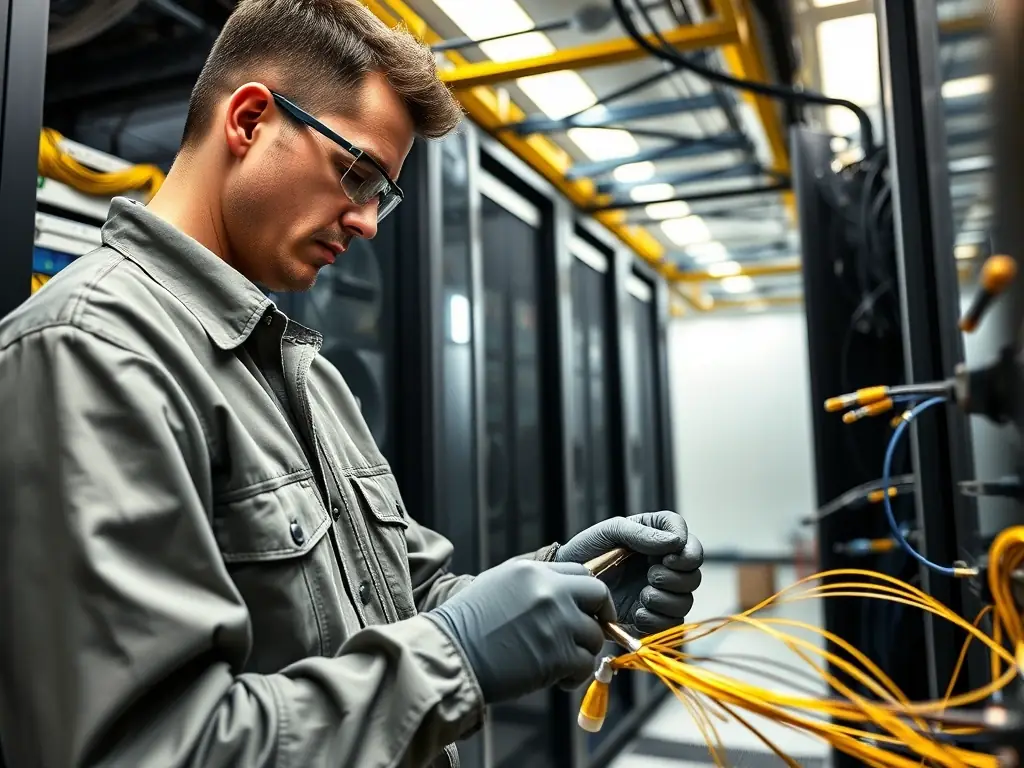 A close-up of a fiber optic cable being spliced by a gloved technician, with glowing fiber strands and precision tools, set in a commercial telecom room to showcase advanced fiber optic installation services.
