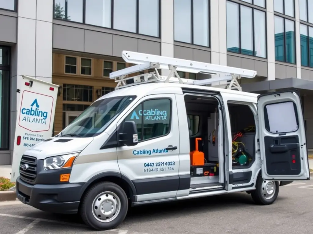 A dynamic image of a Cabling Atlanta service van parked in front of a recognizable Atlanta office building, with technicians unloading equipment, highlighting local presence and fast response.