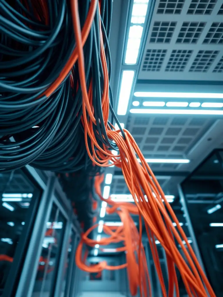 A cable tray system running neatly along a ceiling, with cables properly secured and labeled, showcasing Cabling Atlanta's expertise in cable pathway solutions.