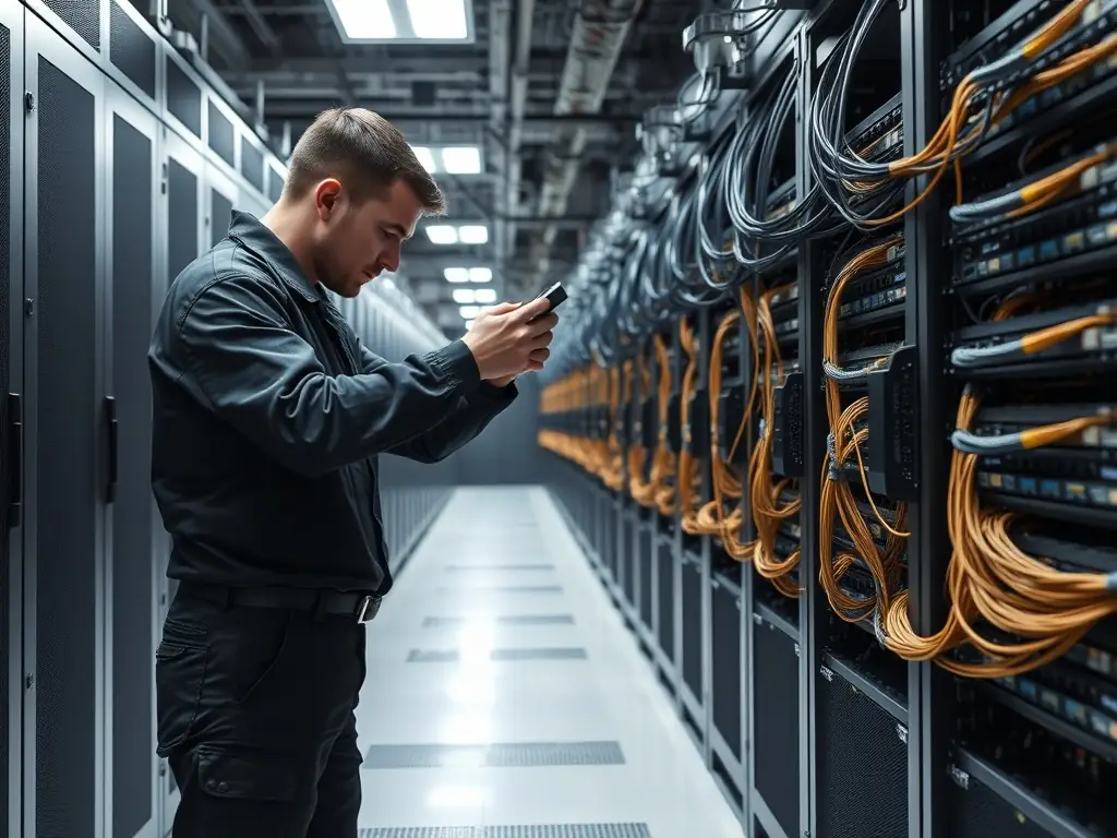A professional technician in a blue uniform installing Cat6A cables into a neatly organized server rack in a modern commercial data center, emphasizing technical expertise and attention to detail for structured cabling services.